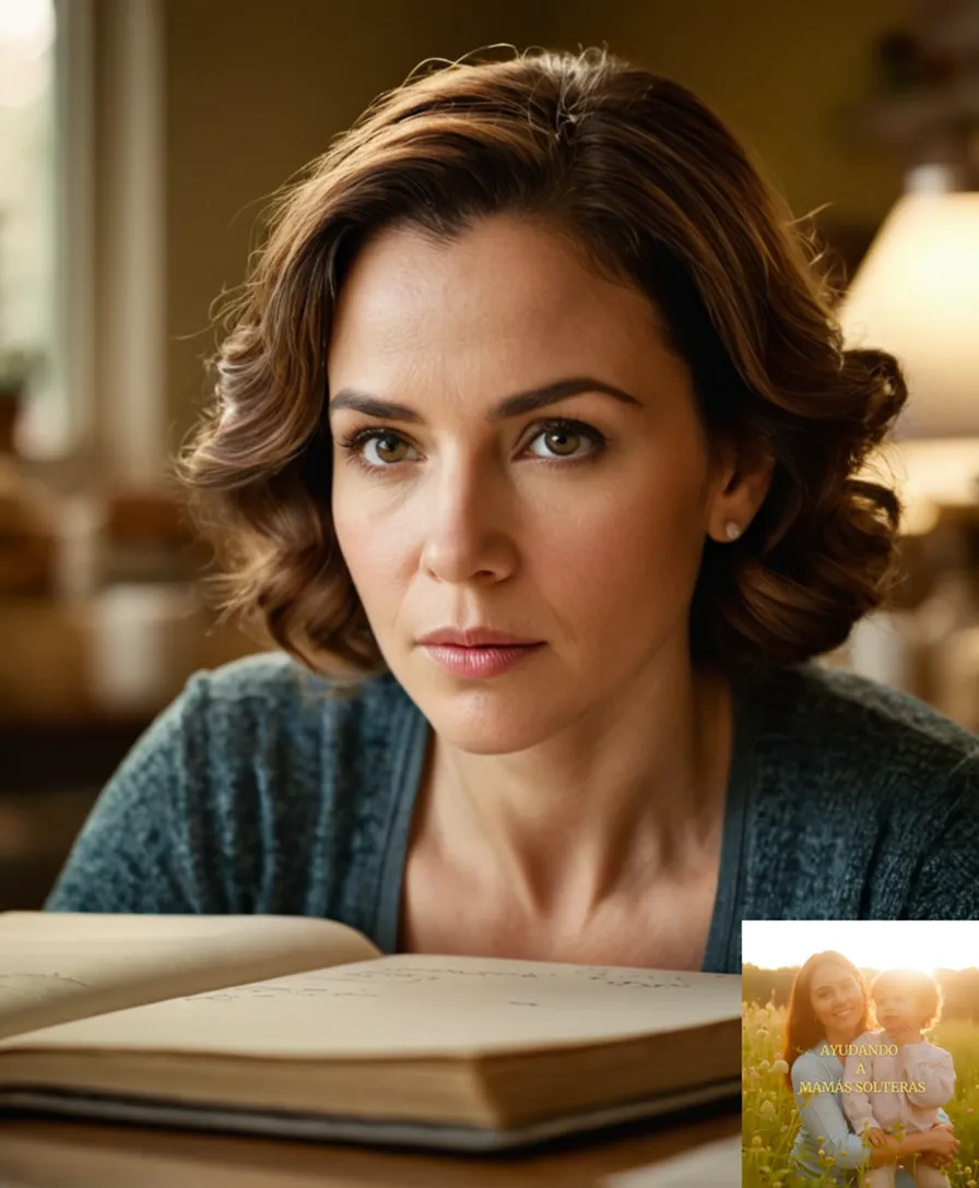 The image should show: A warm, yet unassuming woman in her early 40s, sitting at a cluttered kitchen table, surrounded by children's artwork, papers, and laundry, studying a worn notebook with a faint expression of determination on her face.