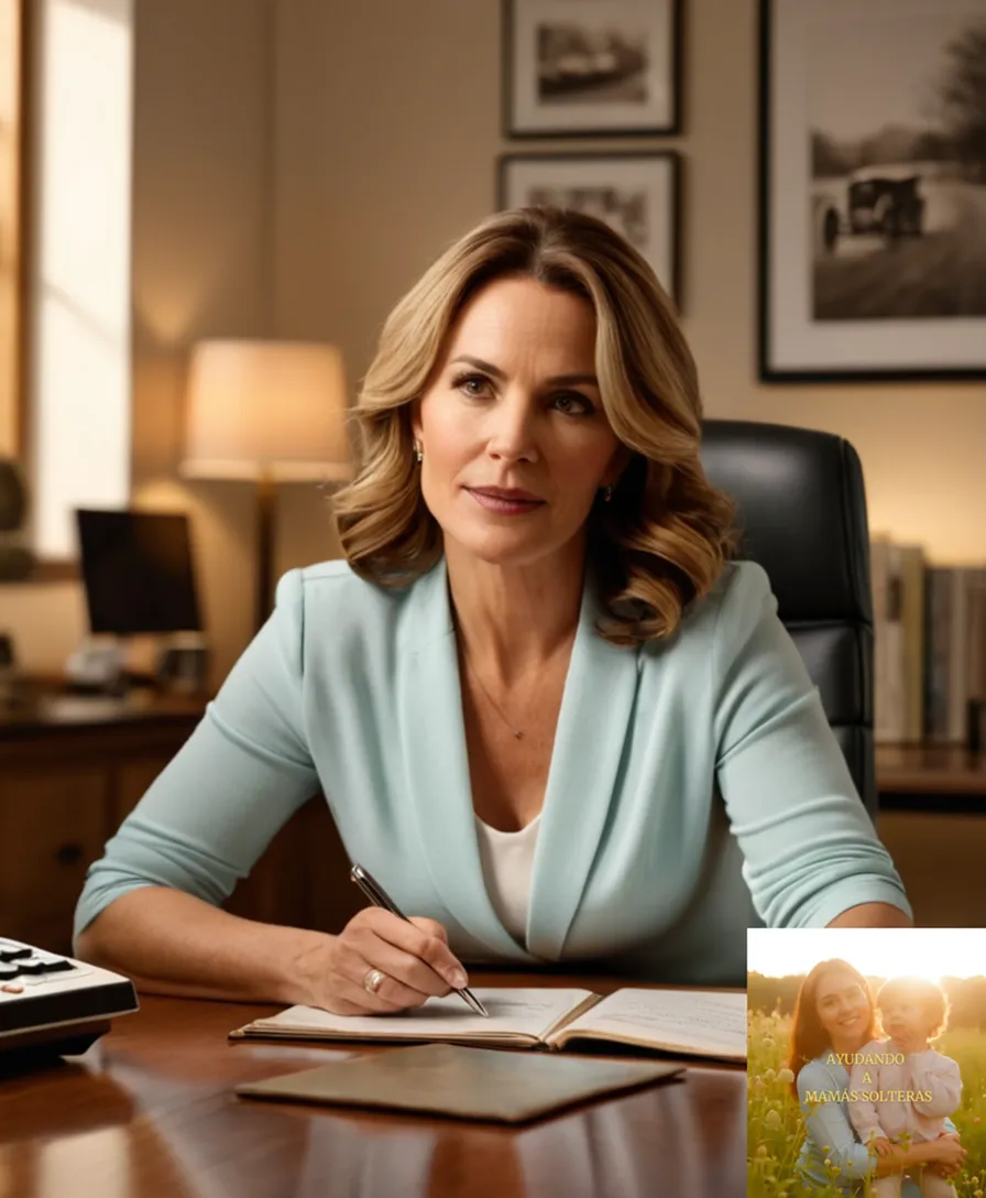 The image should show: A warm-toned close-up of a devoted mother in her mid-thirties, likely in her home office or study, attentively juggling financial documents, bills, and calculators on a clutter-free wooden desk amidst a quiet, well-lit room with a few framed family photos in the background.