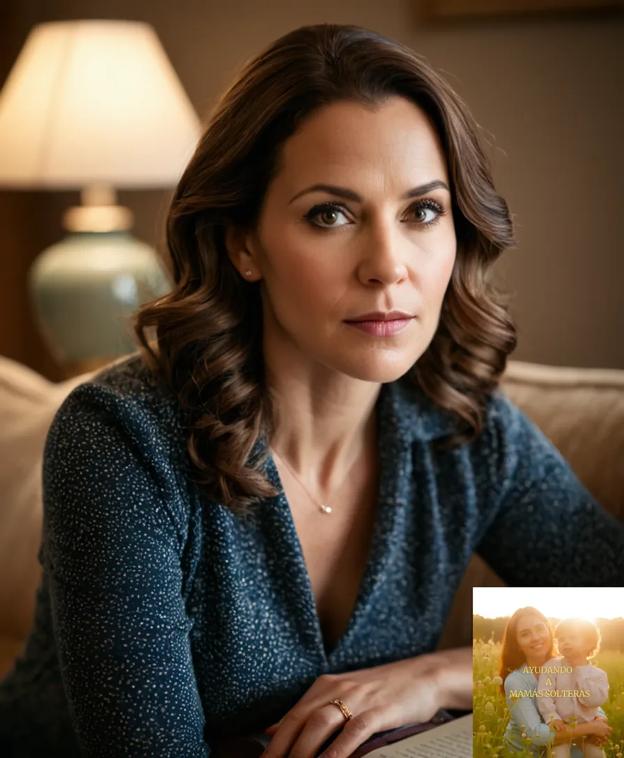 The image should show a warm and hopeful portrait of a single mother in her mid-30s, sitting on a worn couch with a notebook and pen nearby, surrounded by modest but welcoming family photos and heirlooms, looking directly at the viewer with a determined expression.