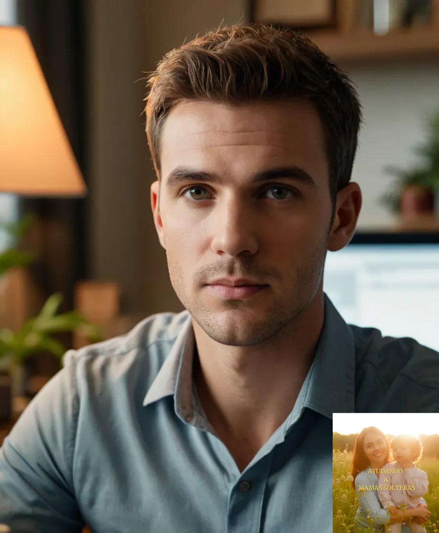 The image should show a solo young man in his mid-twenties, sitting at a cluttered desk in a modest living room, surrounded by worn furniture and a small potted plant; he stares intently at a stack of unpaid bills on the computer screen.