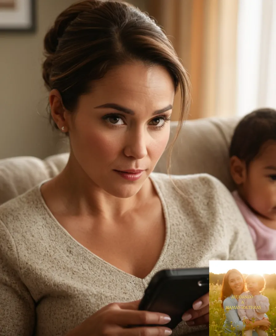 The image should show: A single mother in her mid-30s, warmly dressed in a cozy living room with soft pastel tones, surrounded by family photographs and framed artwork, cradling an infant while checking her phone for the account balance of her emerging emergency fund.