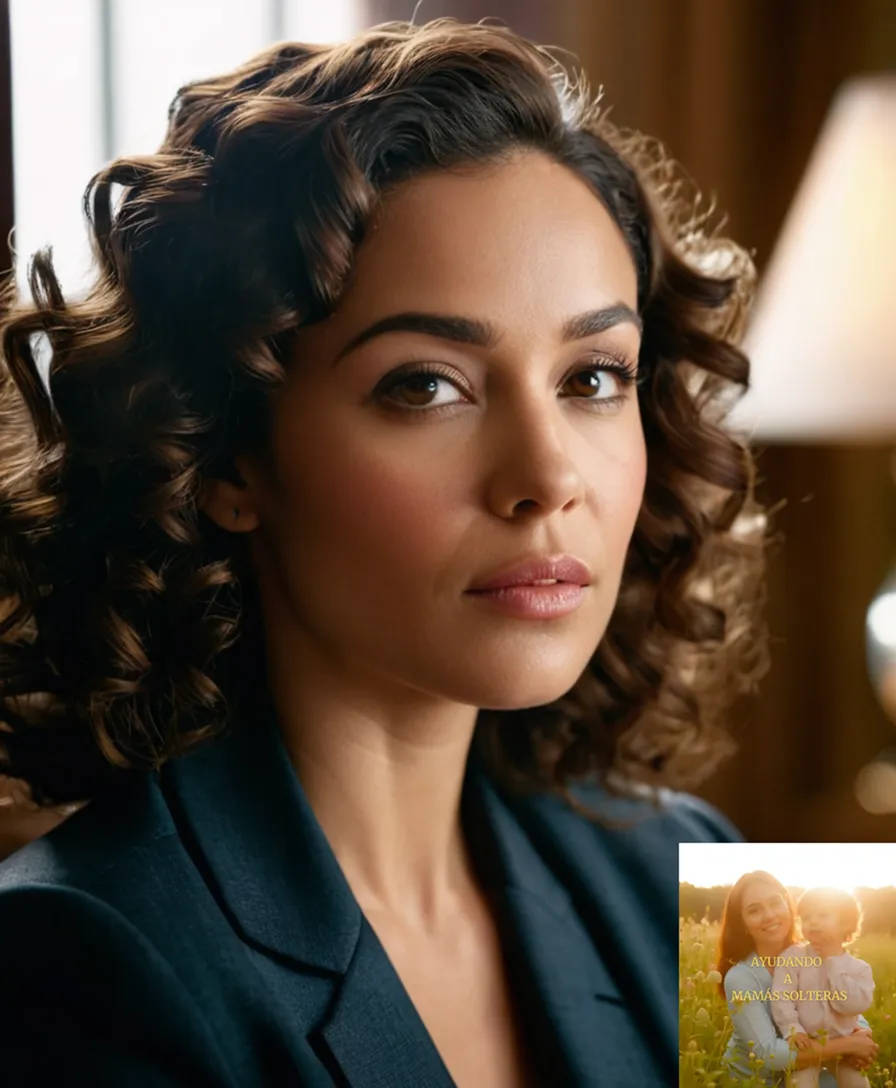 The image should show a strong-willed and determined young woman in her mid-twenties, with curly dark hair and warm brown skin, sitting confidently on a worn but comfortable living room armchair, surrounded by faintly illuminated financial records and safety deposit boxes, with a subtle natural light streaming through the window behind her.