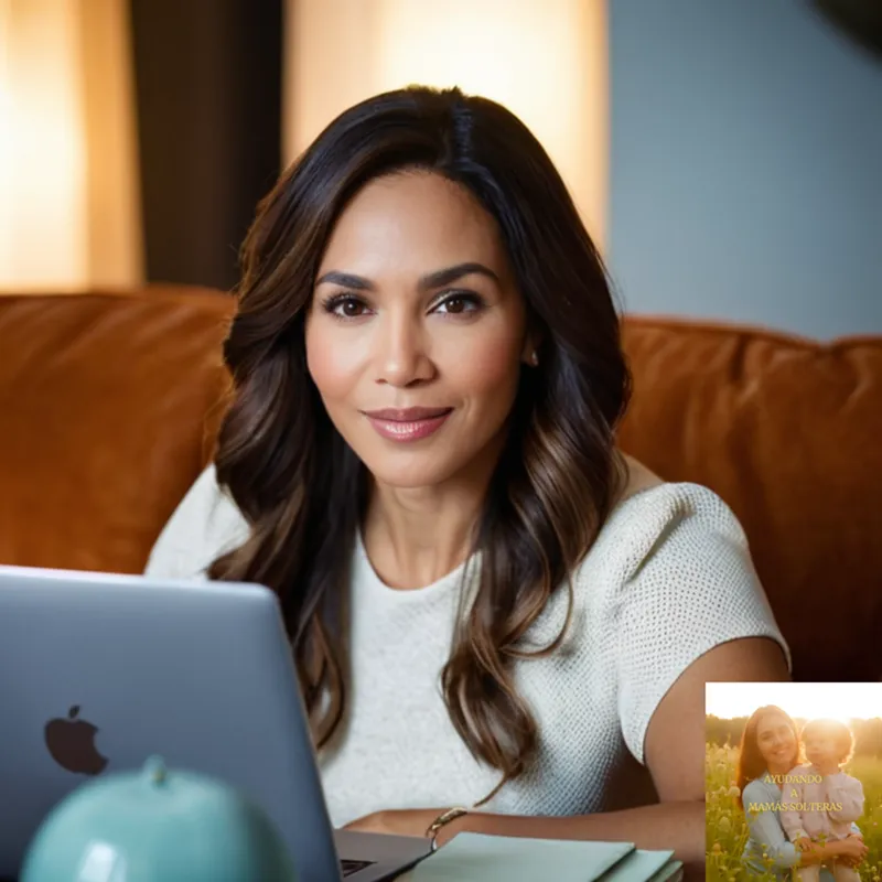 The image should show a serene and self-assured mother of Latin American descent in her early 30s sitting comfortably on a modern couch, surrounded by laptops and financial books, subtly smiling as she works on one of her passive income streams while checking on her toddler playing nearby.