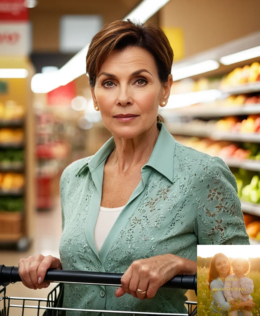The image should show: a middle-aged woman, dressed in casual attire, standing confidently in front of a shopping cart, with a determined expression and surrounded by colorful grocery items, set against a neutral background with warm overhead lighting that accentuates her natural features.