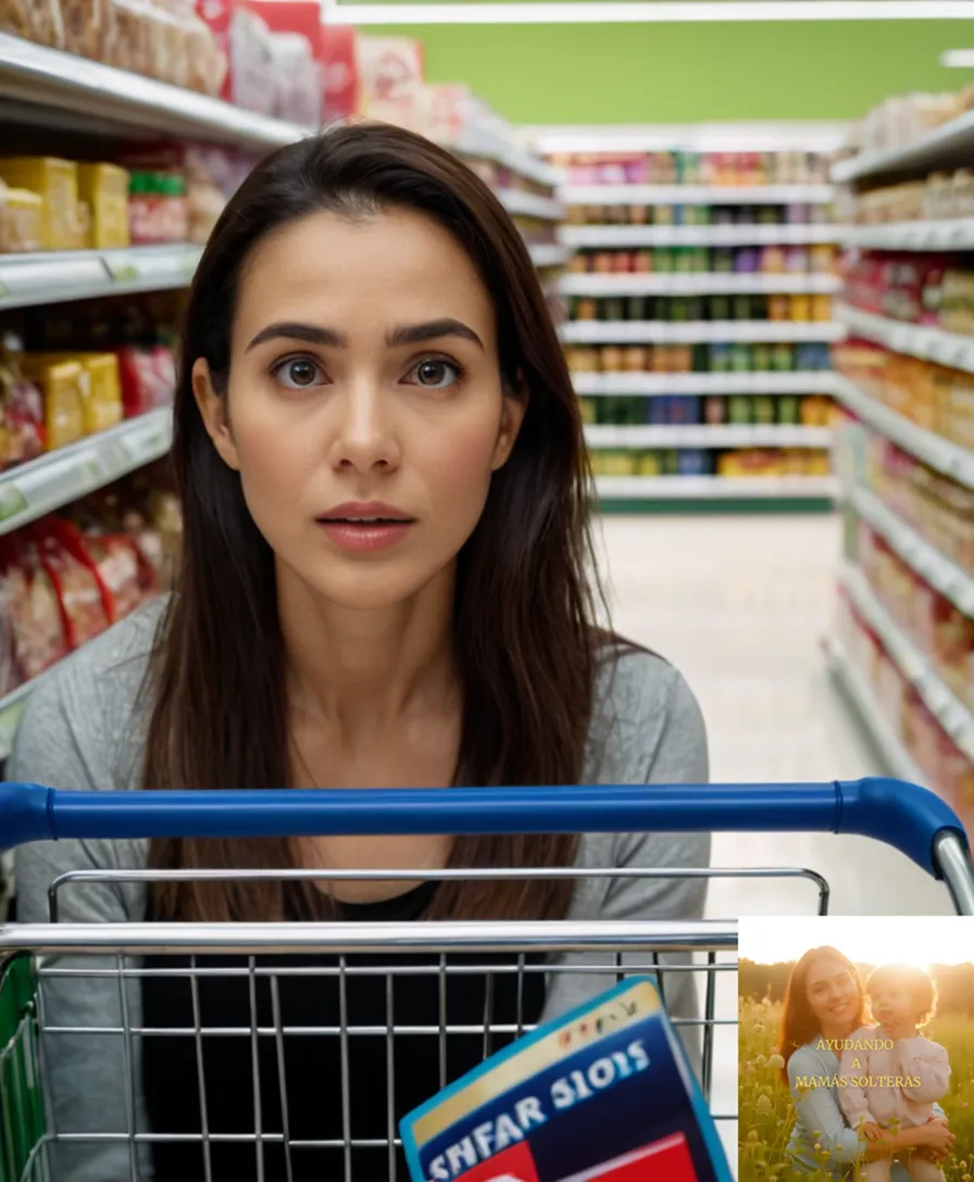 The image should show: a spacious, dimly lit supermarket aisle filled with colorful, neatly stacked shelves stretching towards fluorescent lights above, while in the foreground, a young mother with worried expression stands beside overflowing shopping trolleys and a calculator, checking her expenses.
