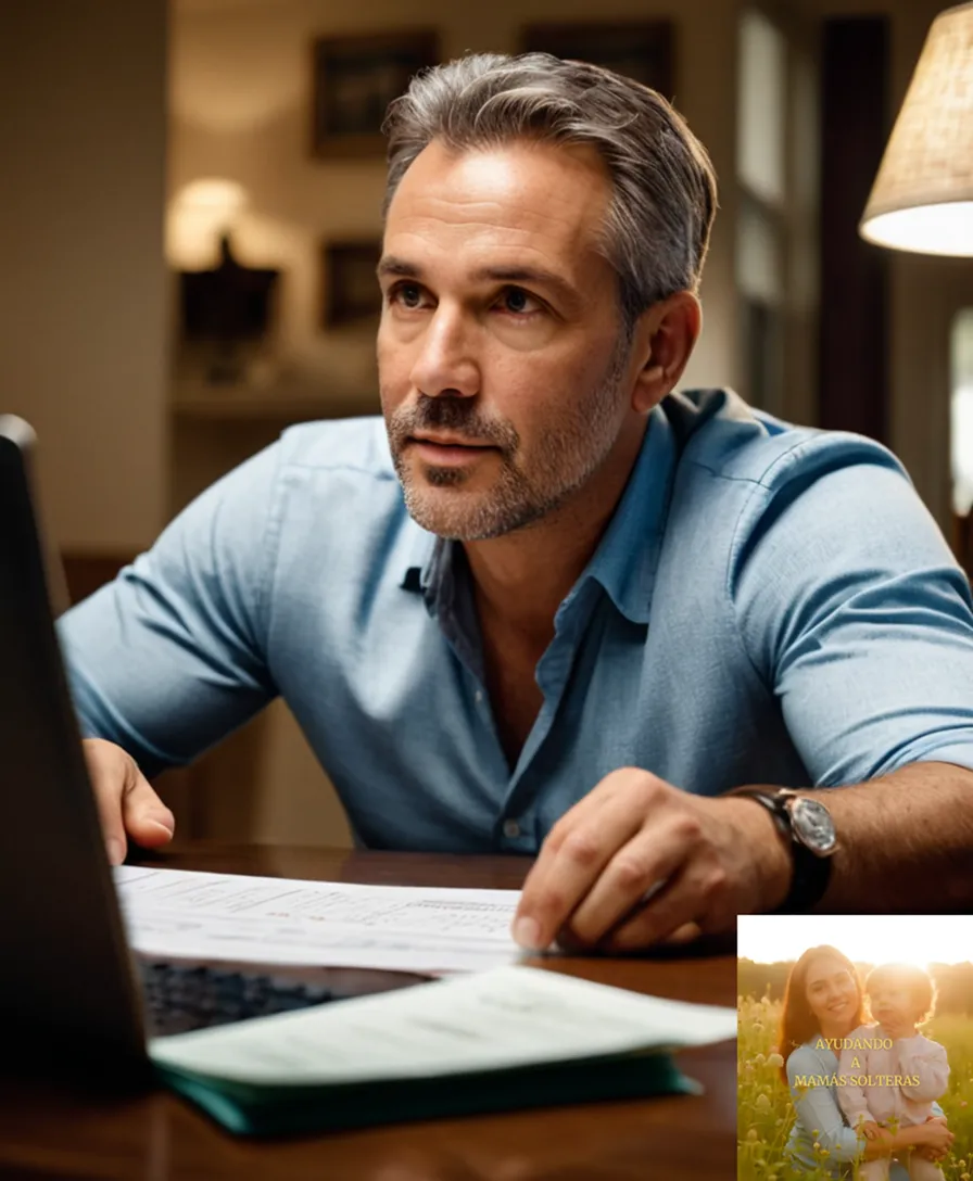 The image should show: A gentle yet determined-looking single father in his mid-40s, sitting at his dining table surrounded by family photos, financial documents, and a laptop screen displaying budgeting spreadsheets, while his young daughter playfully sits on his lap looking up at him with curiosity.