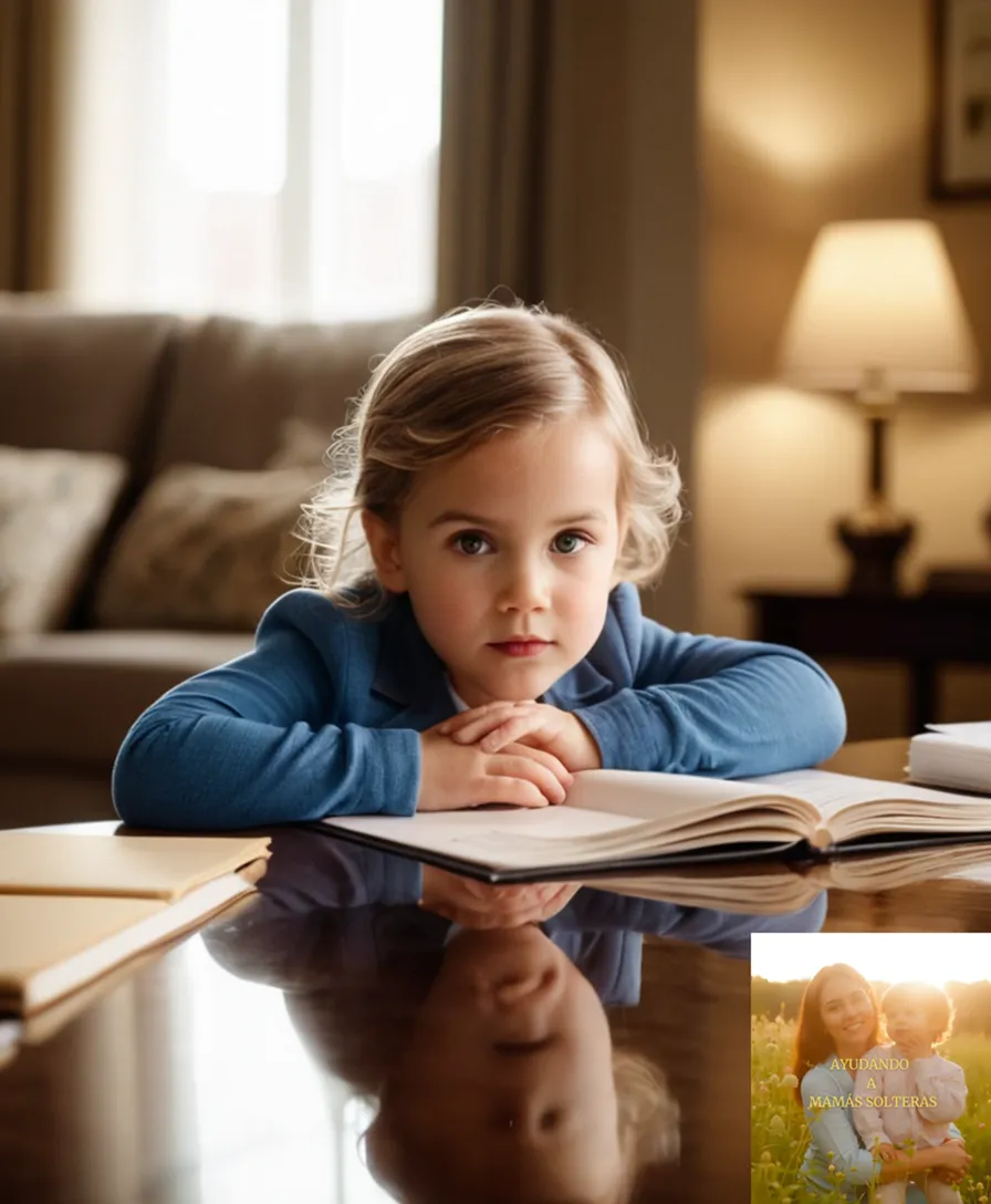 The image should show a determined-looking single mother in her mid-30s, surrounded by financial documents and educational resources, sitting at a cluttered but organized desk, with a toddler playing safely nearby on the floor, amidst a warm and inviting living room with natural light pouring through a window.