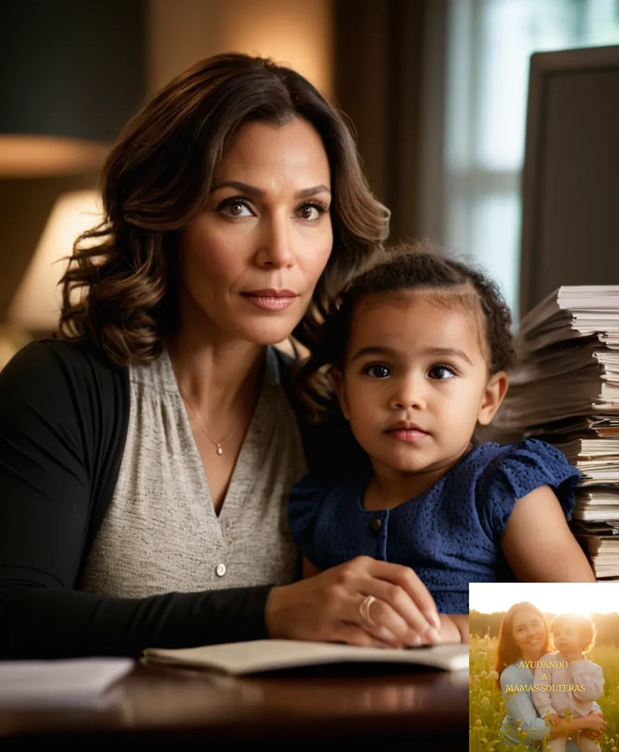 The image should show a warm and intimate photograph of a single mother in her mid-30s, seated at a cluttered but organized desk, surrounded by stacks of bills, credit cards, and financial documents, while gently cradling her young child in her arms.