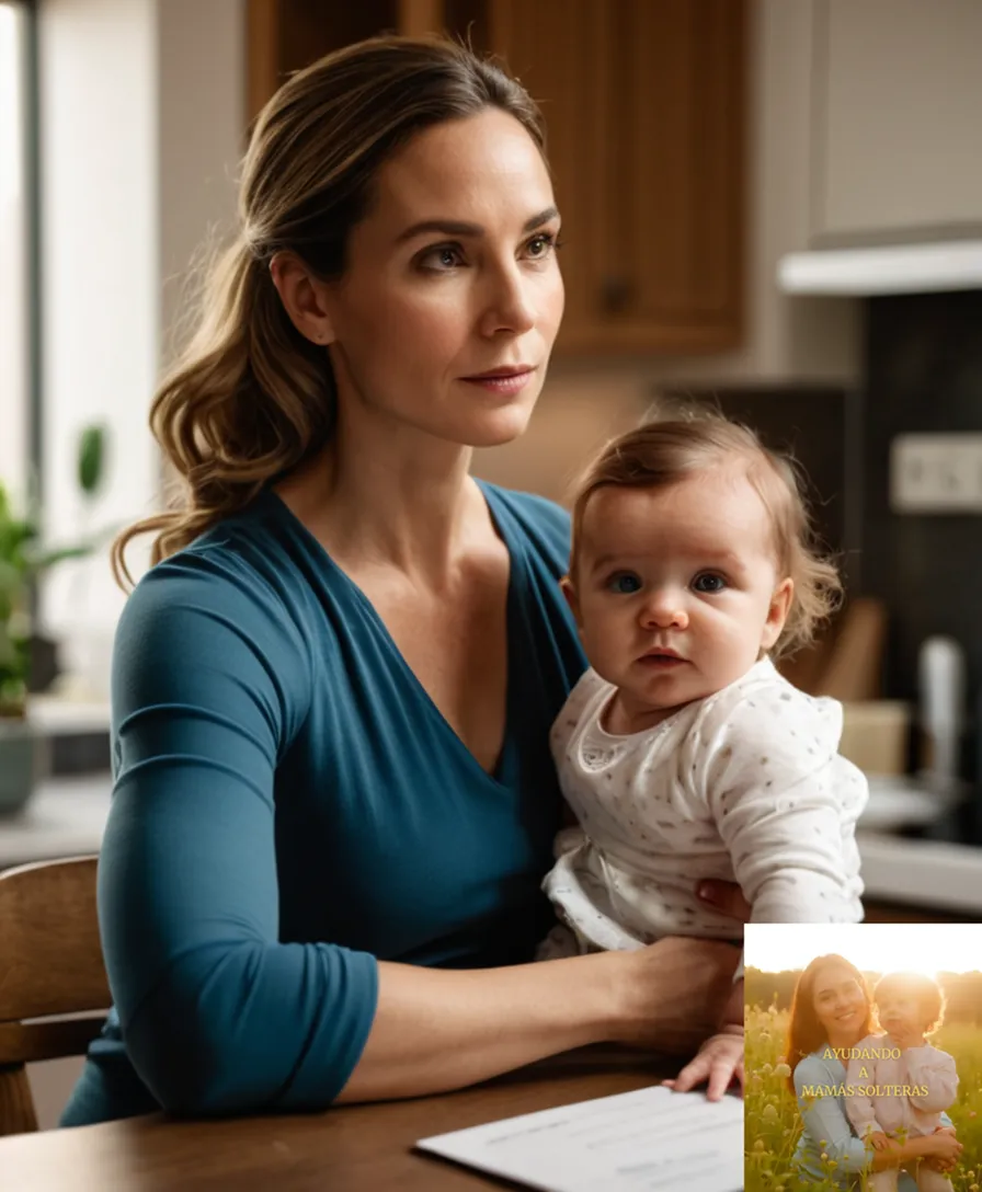 The image should show a serene and determined-looking young mother in her mid-30s, sitting at a cluttered but tidy desk in a small apartment kitchen, surrounded by financial documents, laptops, and childcare essentials, as she carefully balances a pen in one hand while cradling her infant daughter in the other.