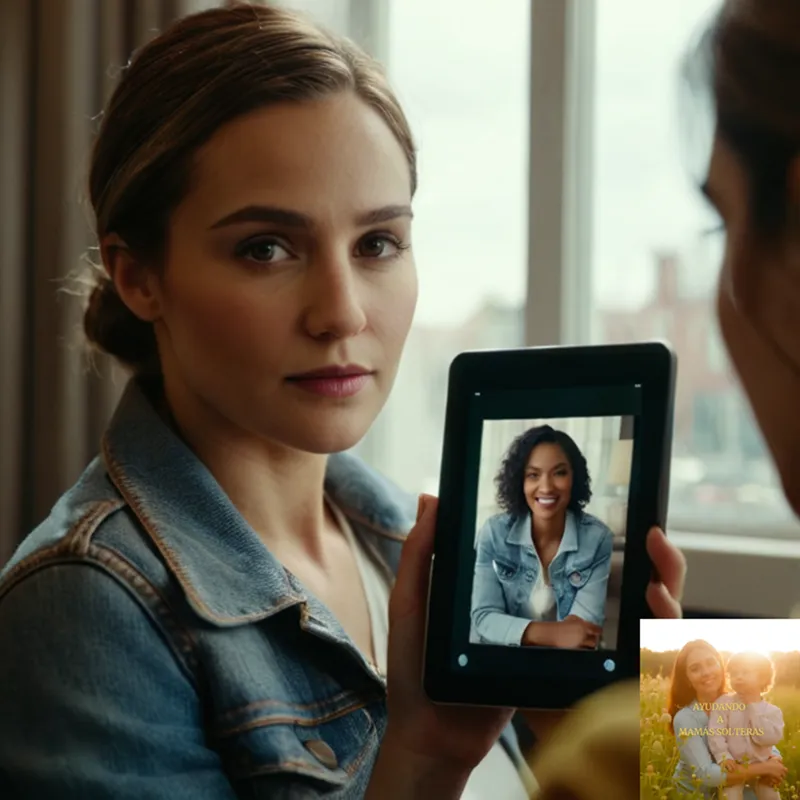 The image should show: A worn denim jacket draped over the back of a chair in a small living room, next to a determined-looking young mother in her late 20s holding a tablet, with a city street view visible through the window behind her, conveying a sense of resourcefulness and resilience.