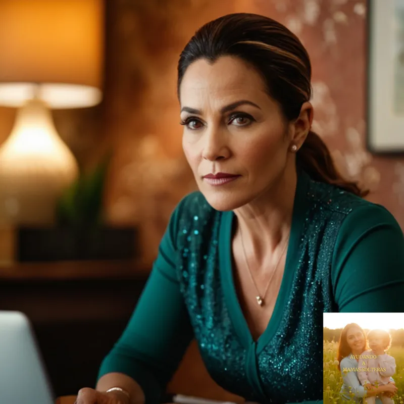 The image should show a portrait of a strong and determined middle-aged single mother, seated in front of a cluttered but organized home desk, with a laptop screen displaying a financial management spreadsheet behind her, set against a warm and welcoming Latin American-inspired wall background.