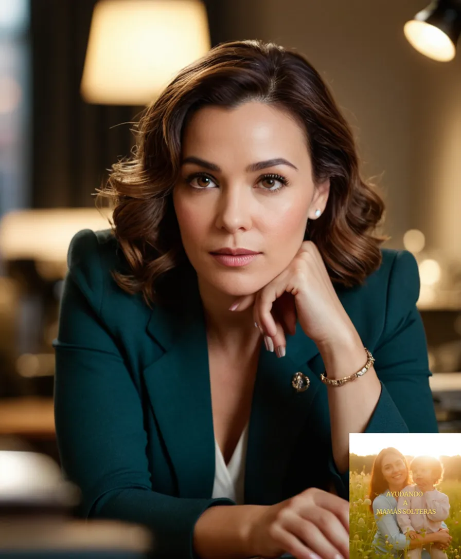 The image should show a warm and inviting photograph of a single mother in her mid-30s, sitting on a small cluttered desk amidst a busy domestic environment, surrounded by paperwork, bills, and financial documents, yet with an air of determination and control on her face.