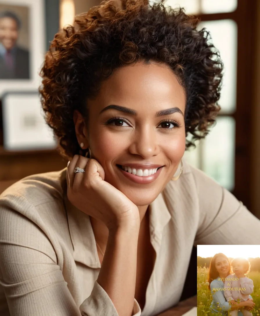 The image should show: A serene close-up of a smiling late-30s Afro-Latina woman, Mama Sola, sitting at a wooden desk in a cozy living room, surrounded by family photos and financial documents, with a cup of coffee and a calculator next to her, exuding confidence and determination.