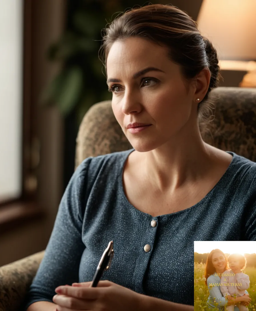 The image should show a loving mother in her mid-30s, sitting on a worn armchair in a cozy living room, surrounded by family photos and fading sunlight pouring through the window, as she thoughtfully holds a pen over a cluttered notebook filled with scribbled budget notes.