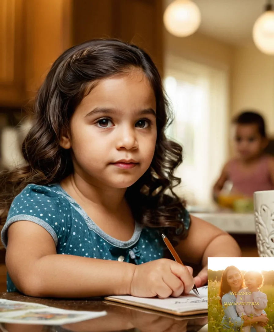 The image should show a warm and intimate photograph of a young Latina mother, likely in her late 20s to early 30s, sitting at a cluttered kitchen table, surrounded by children's artwork and family photos, gently holding her toddler while reviewing a worn notebook with scribbled financial notes.