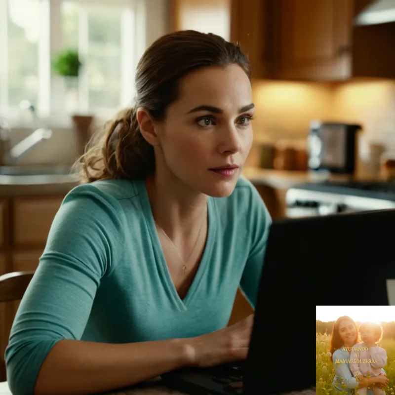 The image should show: A close-up of a young mother, mid-30s, sitting at a cluttered kitchen table with a laptop open in front of her, surrounded by scattered financial documents and calculators, with a worn family calendar on the wall behind her providing a glimpse into a busy yet loving home life.