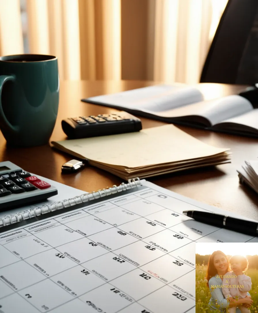 The image should show a close-up of a messy desk calendar with a blurred background of financial documents and papers scattered on the floor, featuring a bold-pen marked monthly schedule with rotating shifts, expenses listed in disarray amidst coffee cups and a worn-out calculator.