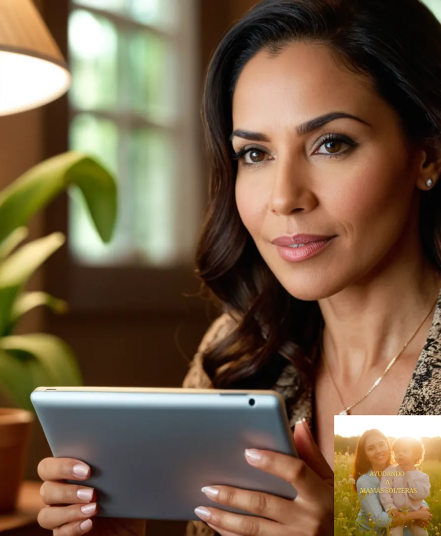 The image should show a warm and inviting photograph of a middle-aged Latin American woman in her home office or den, surrounded by personal items such as family photos and comforting plants, while holding a tablet displaying the Control Total paz mental financial management tool, her expression reflecting a sense of calm and accomplishment.
