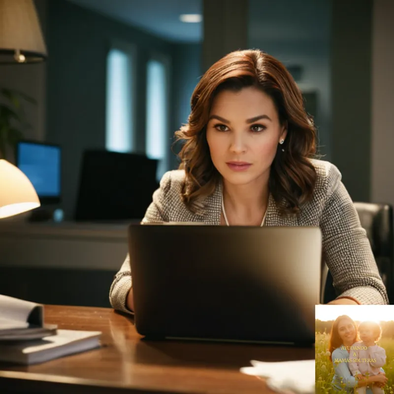 The image should show: A woman sitting in front of a laptop on a cluttered desk, surrounded by piles of bills, receipts, and financial documents, with her hands hovered over a smartphone as she uses an online budgeting tool to track her expenses.