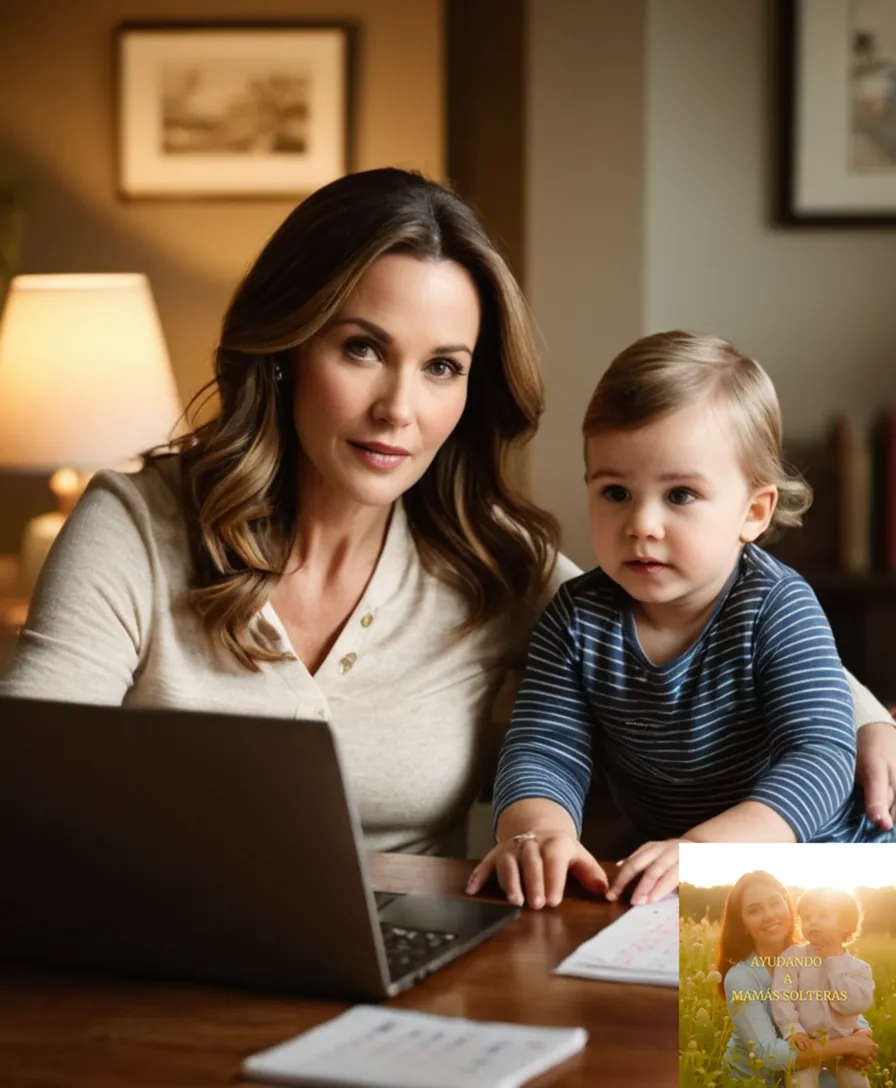The image should show a warm and intimate photograph of a single mother, likely in her mid-to-late 30s, sitting at a cluttered but cozy desk in her living room, typing away on an old laptop while holding a young child on her lap, with a calendar and notes scattered around them.