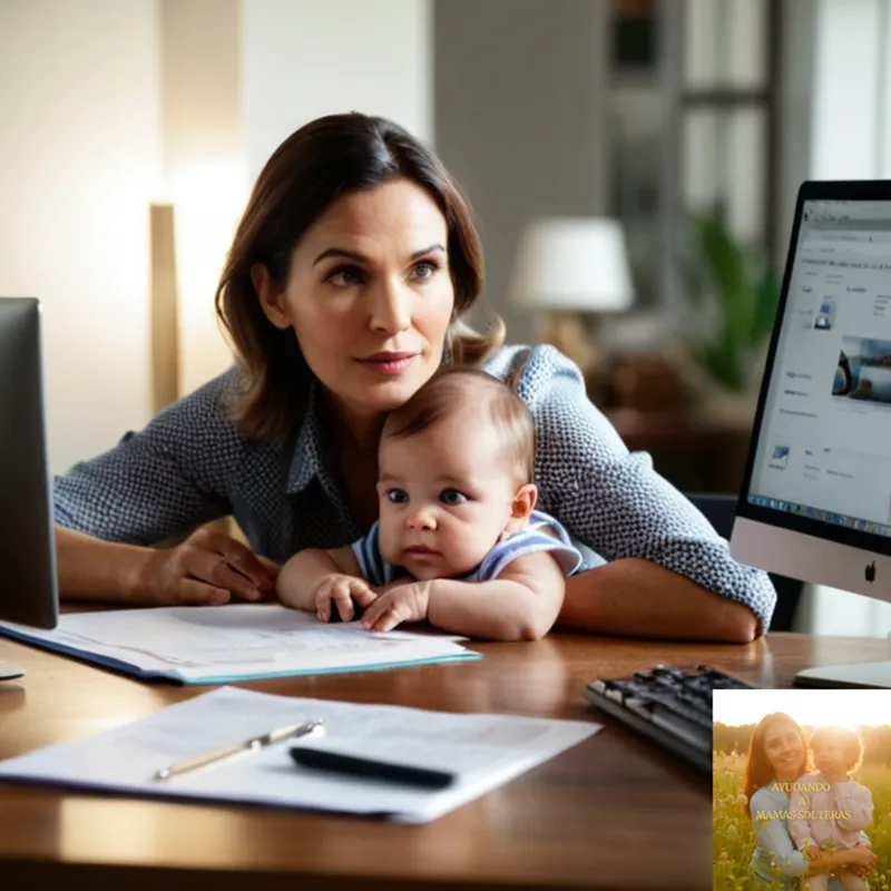 The image should show a determined-looking mother in her mid-30s, surrounded by scattered documents and laptops on a cluttered yet well-lit home office desk, with a background of family photos and children's toys subtly integrated into the workspace, while cradling her infant son on one arm as she works intently on her computer.