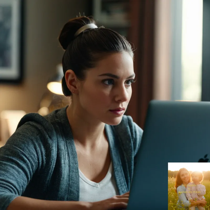 The image should show a determined-looking woman in her late 30s or early 40s sitting at a cluttered desk amidst a small apartment's modest living area, surrounded by laptops, books, and papers, with a look of focus and hope etched on her face, her dark hair tied back in a ponytail as she types away on a worn laptop.
