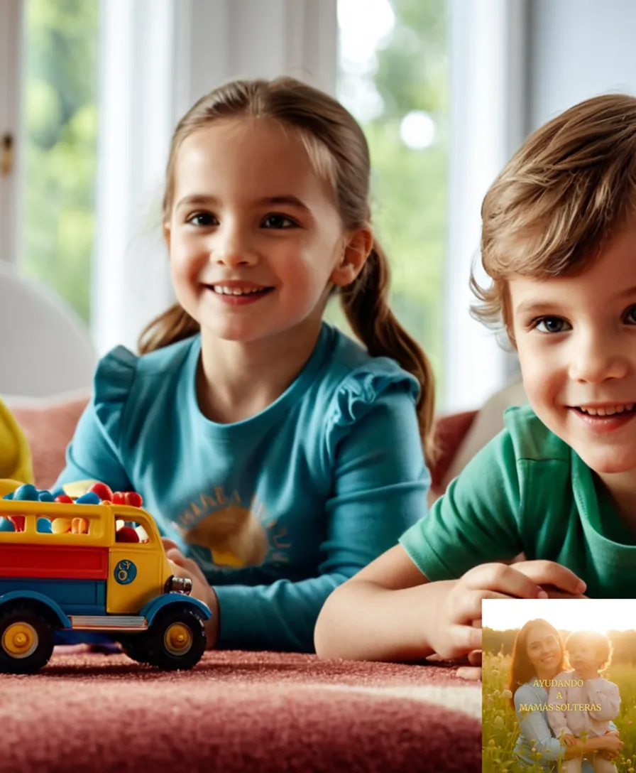 The image should show: A group of three happy children, whose ages range from 4 to 7 years old, playing with a variety of colorful toys made of natural materials such as wood and fabric, in a vibrant and sunny living room filled with large windows and comfortable couches.