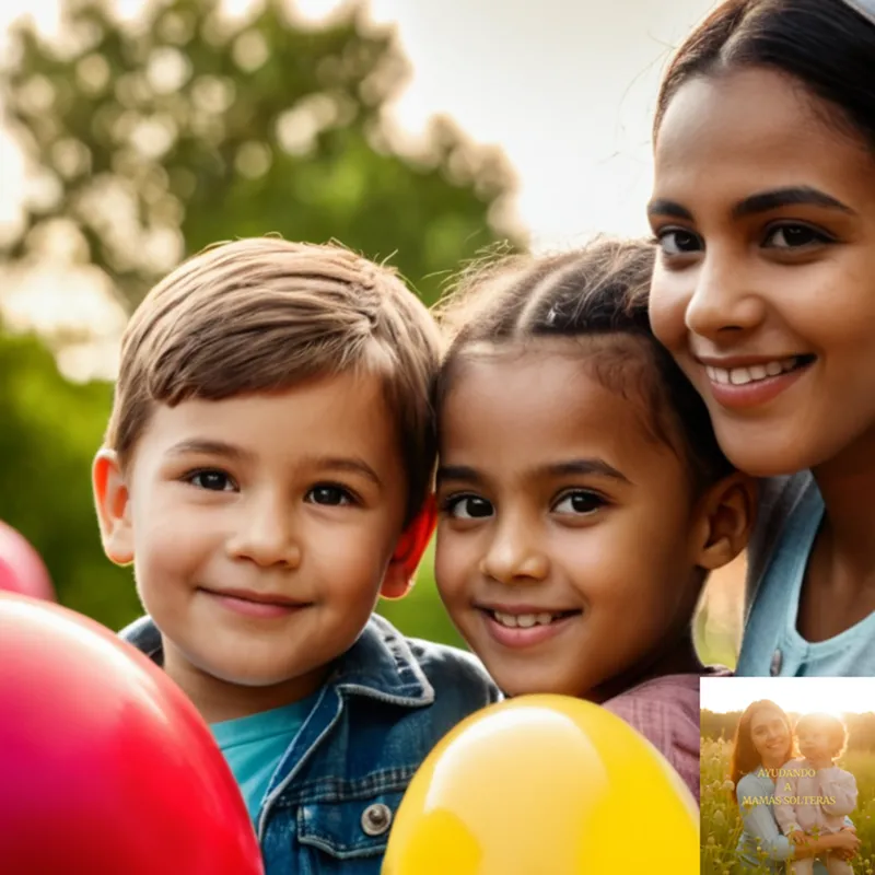 The image should show a group of diverse smiling niños playing together in a sunny outdoor setting, surrounded by colorful balloons tied to a worn-out play structure, amidst a backdrop of a vibrant cityscape with trees and modern high-rise buildings in the distance, as two loving mothers watch over them.