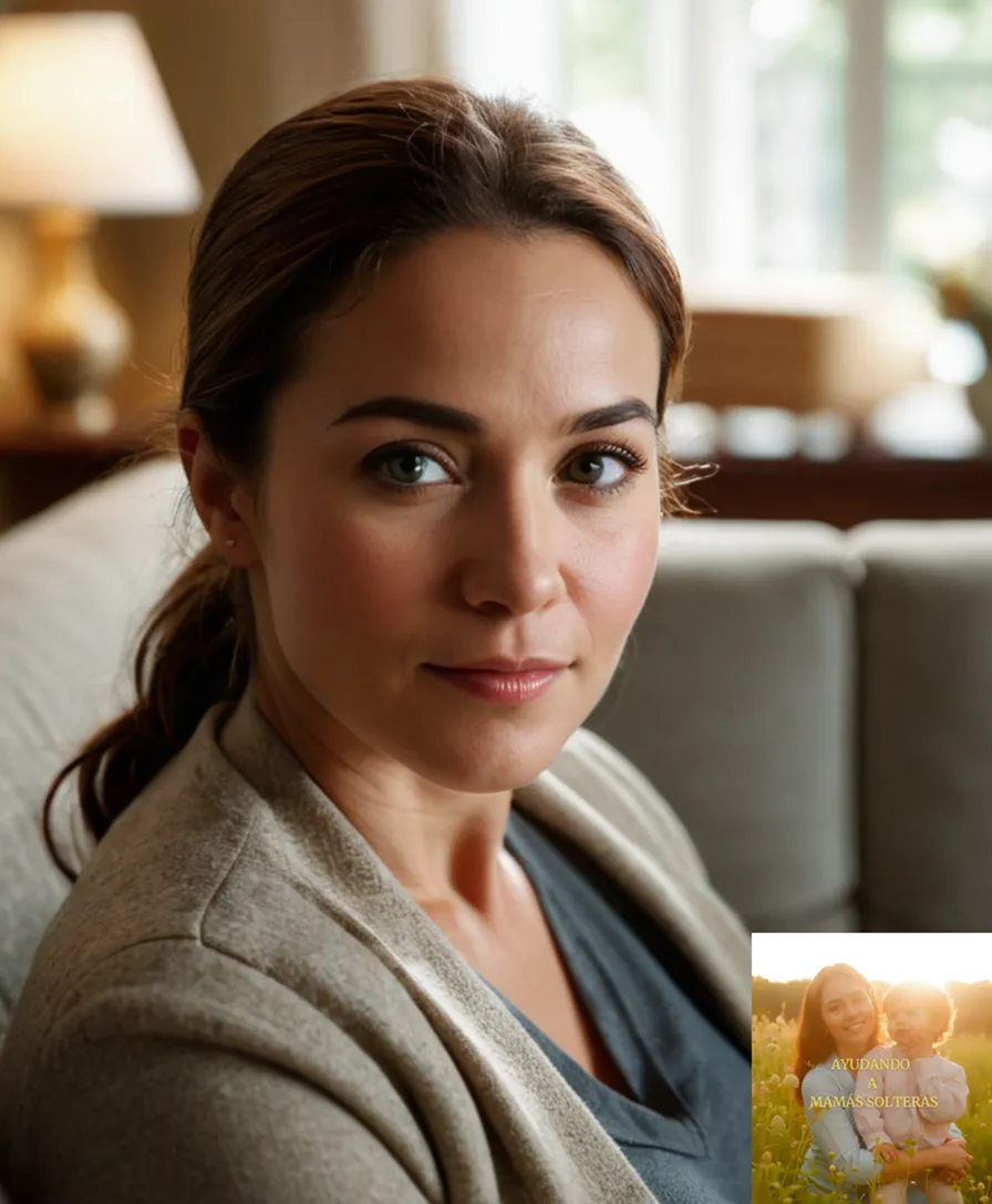 The image should show: A dignified young mother, in her mid-twenties, sits on a worn gray couch, surrounded by humble domestic items, with a warm natural light illuminating her determined face and the faint smile that hints at hope, as she nurtures her infant in a small low-income apartment.