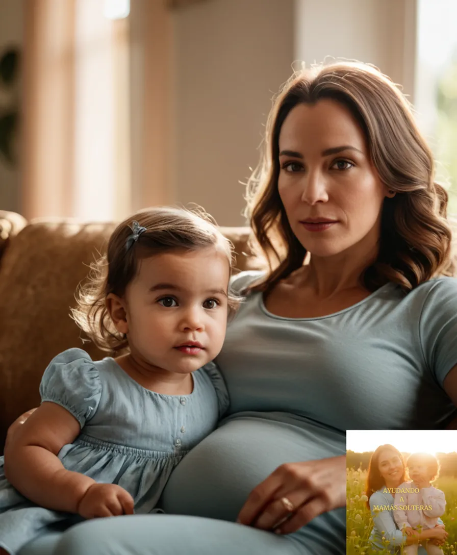 The image should show: A solemn yet hopeful portrayal of two single mothers with young children, sitting together on a worn couch in a modest living room, with one mother gently holding her infant's hand while the other looks determinedly into the camera, set against a warm and sunny background that contrasts with their humble surroundings.