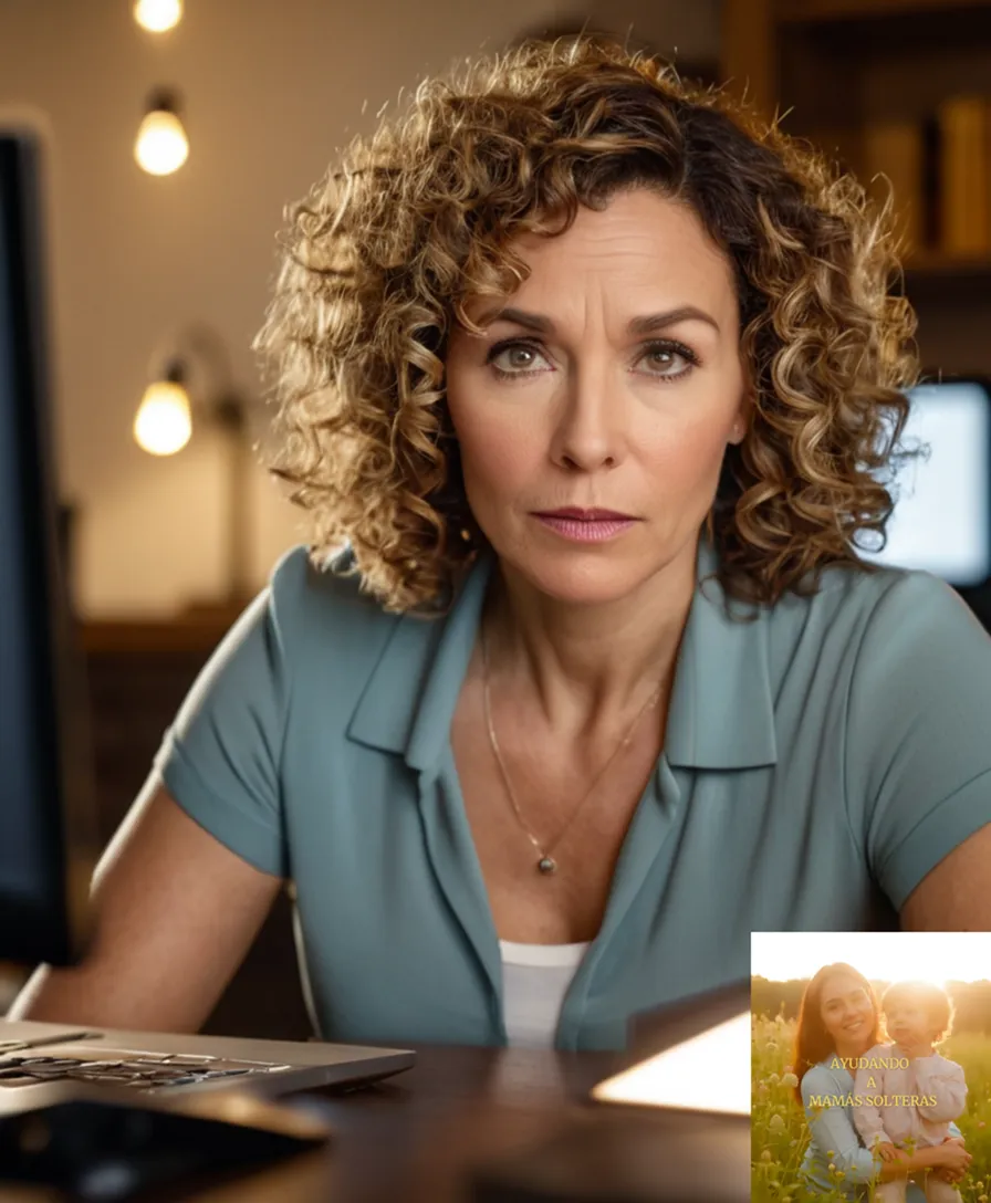 The image should show a confident, curly-haired mother in her mid-30s, sitting on a cluttered but tidy desk in a small home office, surrounded by stacks of unpaid bills, laptop, and a few framed photos of her children, looking directly at the camera with a determined expression.