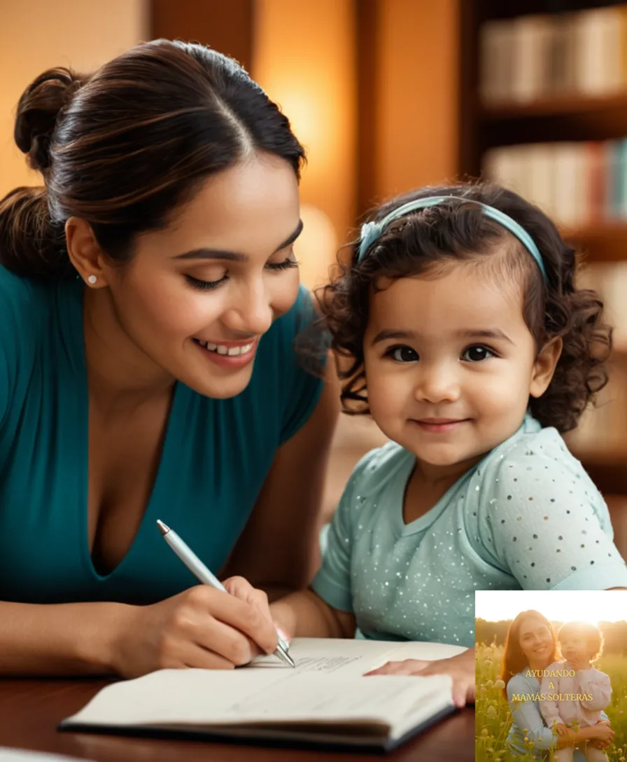 The image should show: A young Latina mother sits confidently at a neatly organized desk surrounded by financial books and documents, while playing with her smiling toddler who sits beside her, all set against a warm and vibrant background evoking a sense of empowerment and growth.