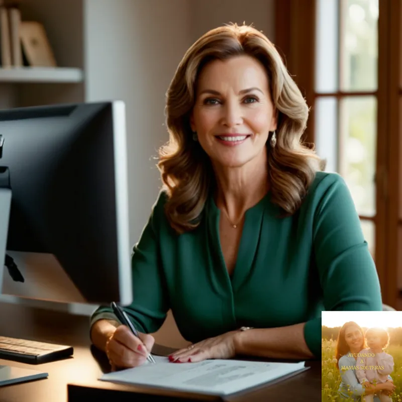 The image should show a warm and natural photograph of a middle-aged mother in her cozy home, looking relaxed yet focused as she sits at a clutter-free desk, surrounded by organized financial documents, a computer and pen, with a gentle smile on her face.