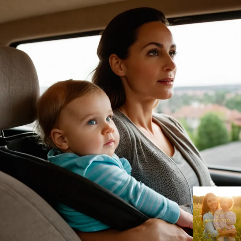 The image should show a warm and inviting living room of a monoparental home, featuring a single parent, likely in their mid-30s to early 40s, sitting on a couch next to a toddler, with a baby carrier strapped across the front, and a fuel-efficient vehicle parked in the driveway through a window, with a cityscape outside.