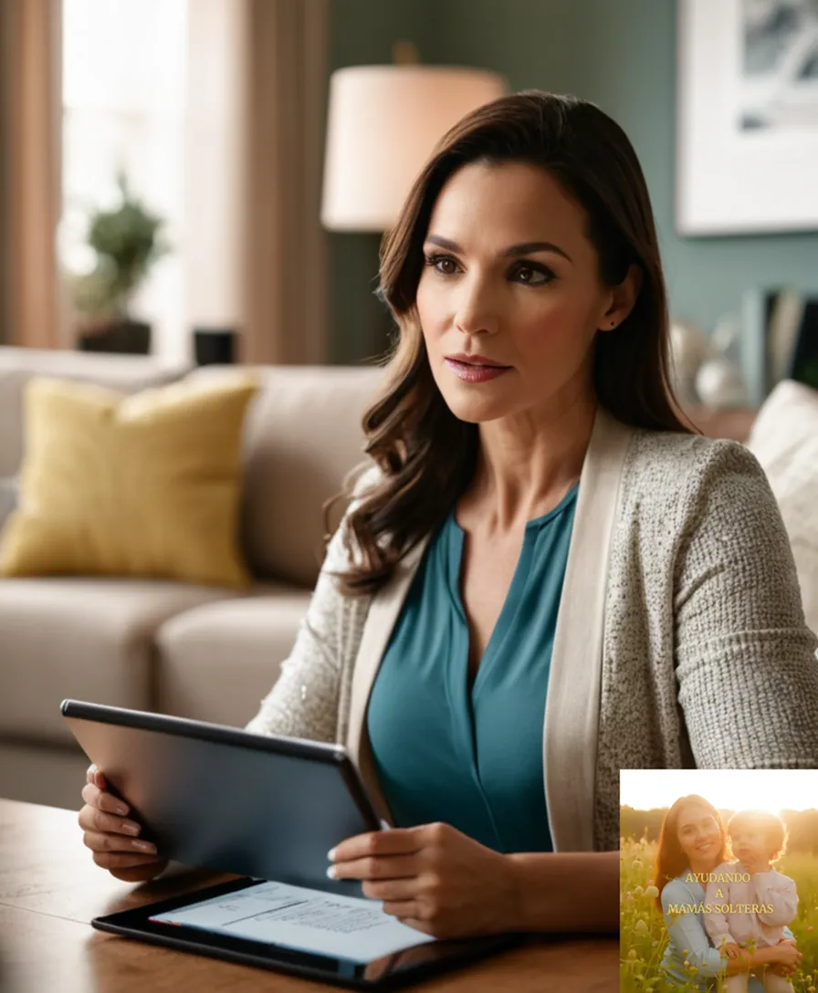 The image should show: A busy, yet serene living room with a single mother in her mid-30s, sitting on a beige couch surrounded by paperwork, pens, and laptops, with a tablet displaying an Excel budget template open on the coffee table, amidst a subtle background of family photos and child's toys.