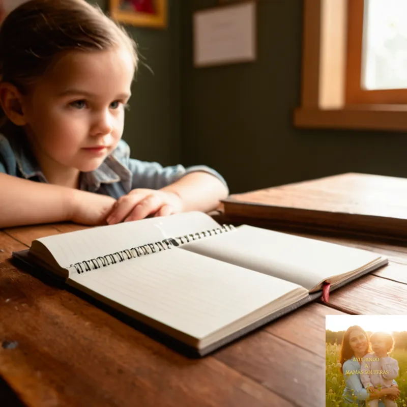 The image should show a close-up of a single mother's hands holding a small notebook and pen, surrounded by colorful children's artwork and scattered household bills on a worn wooden kitchen table, under warm soft light, evoking a sense of organization and struggle.