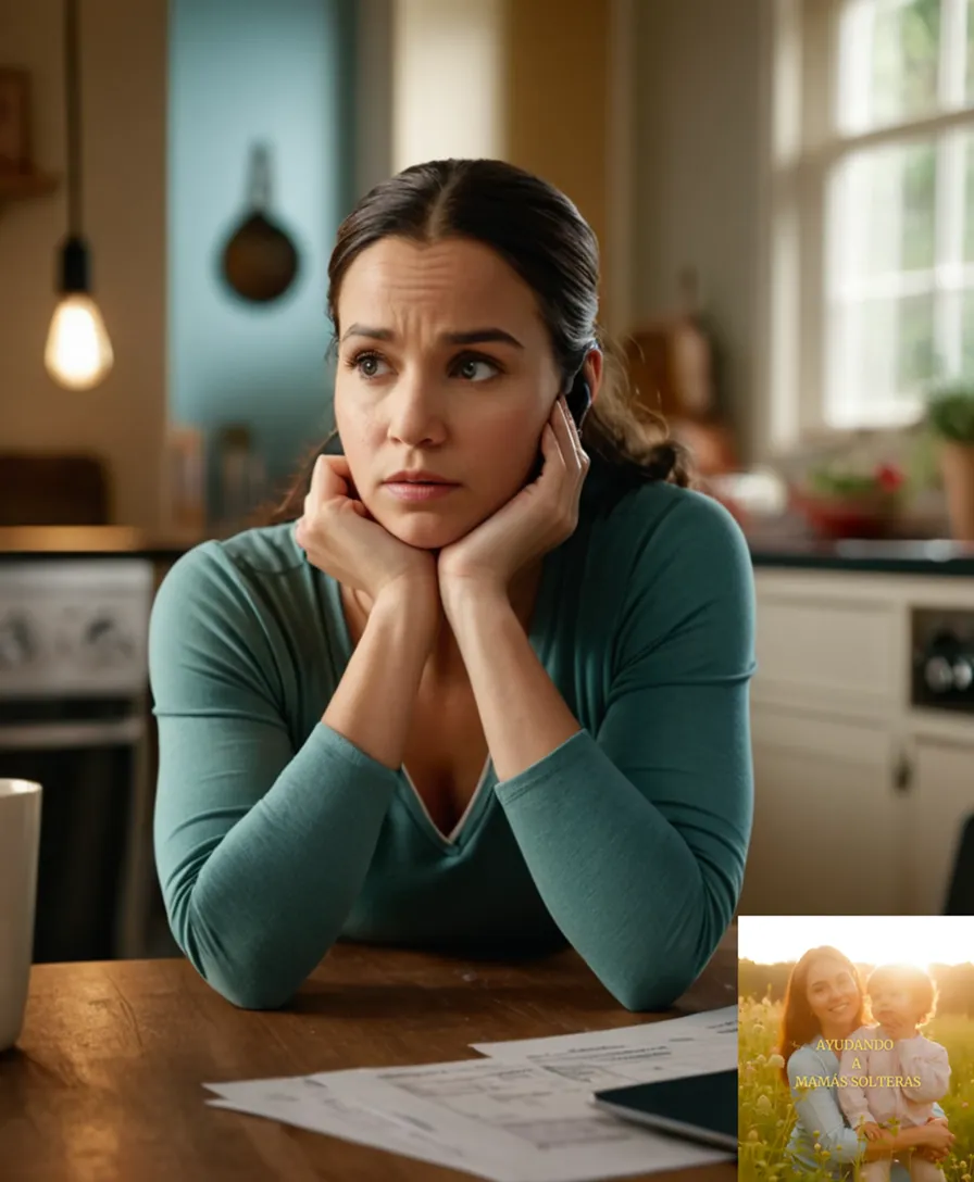 The image should show: A young single mother in her mid-30s, sitting at a cluttered kitchen table with stacks of unpaid bills behind her, surrounded by worn children's toys and worn-out furniture, while looking overwhelmed and worried as she gazes at a financial spreadsheet on her laptop screen.