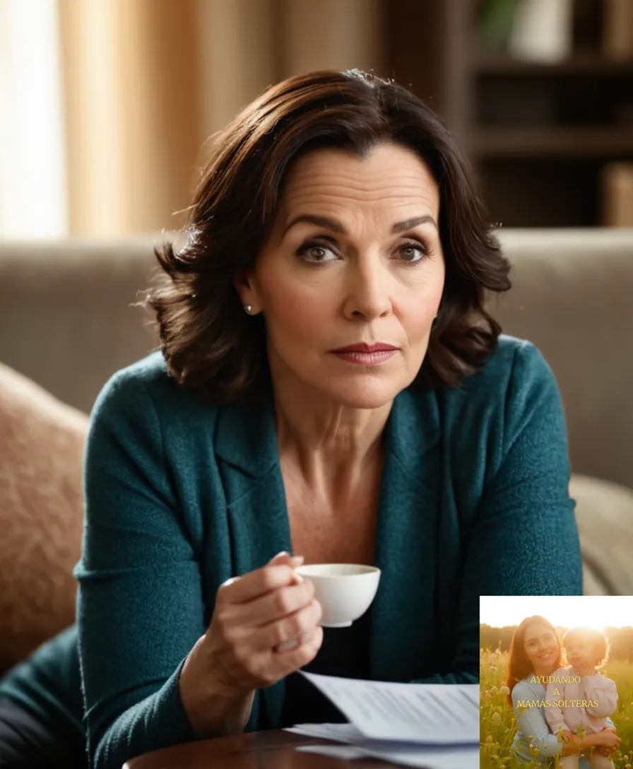 The image should show: A middle-aged woman in her 40s, with dark hair and worn expression, sitting alone on a couch in a simple living room, surrounded by unpaid bills and financial documents strewn across a cluttered coffee table, her eyes fixed on the pile of debt letters in her hand.