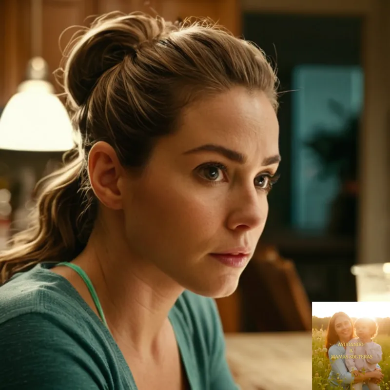 The image should show a weary young mother, mid-30s, leaning forward on her cluttered kitchen table, her curly brown hair tied in a ponytail, as she pores over stacks of unpaid bills, credit card notices, and overdue letters, surrounded by the faint glow of a fluorescent light fixture above.