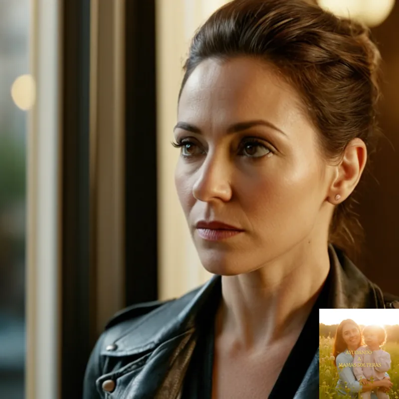 The image should show a middle-aged single mother in her late 30s, with a mixture of exhaustion and determination etched on her face, standing alone in front of a modest urban apartment building, wearing a worn leather jacket over a simple blouse, clutching a folder full of documents to negotiate the rent.