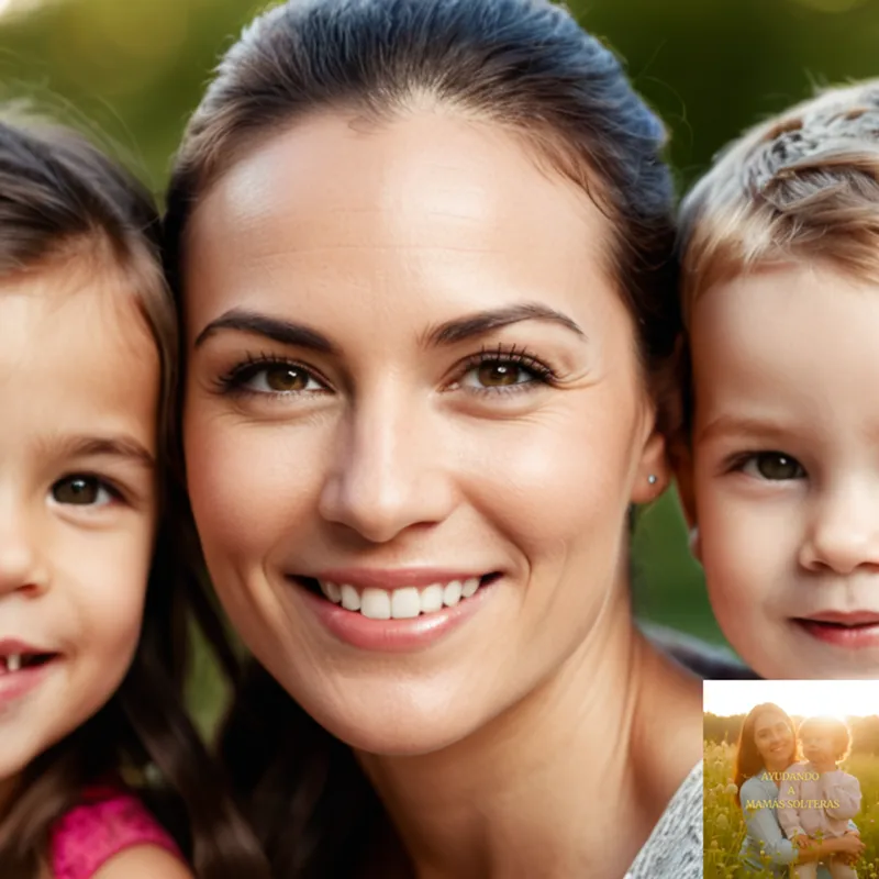 The image should show a warm and inclusive photograph of a single mother in her mid-30s, with a gentle smile on her face, surrounded by her two happy children playing at a park's outdoor playground, while a blurred cityscape provides a subtle background.