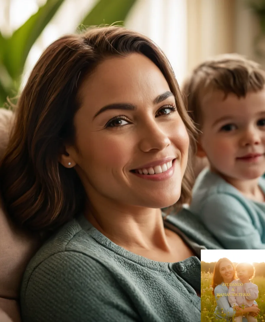 The image should show a warm and welcoming living room setting with a smiling single mother in her mid-30s sitting on a plush couch, surrounded by happy children playing with blocks and toys, amidst a thoughtful display of family photos and plants, bathed in soft gentle morning light.