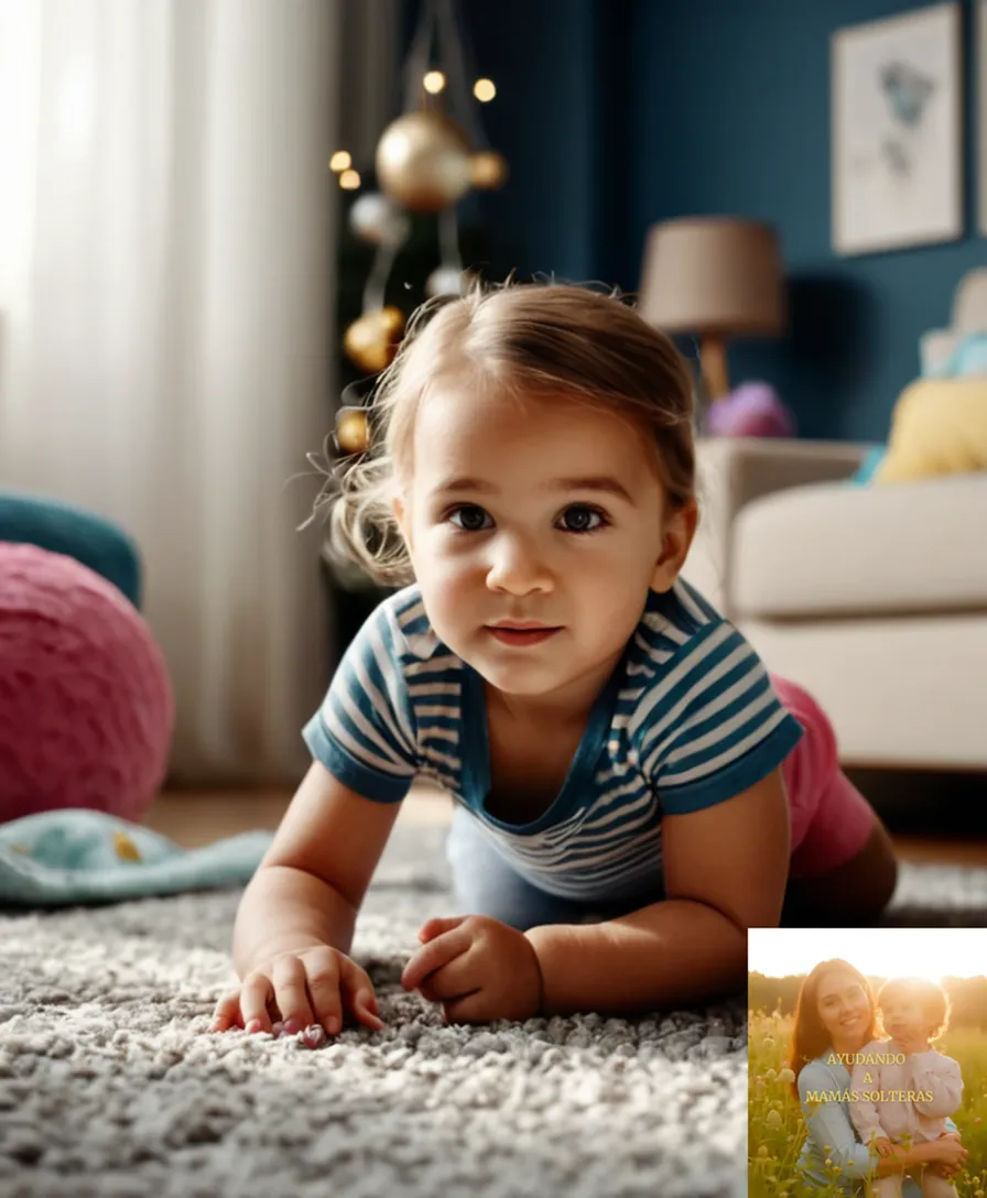 The image should show a warm and inviting atmosphere of a one-parent household setting, with a happy child of about 6-8 years old playing at their mother's feet while she shops online for exclusive discounts on children's clothing and shoes from her laptop, amidst colorful toys and clothes scattered around the living room.