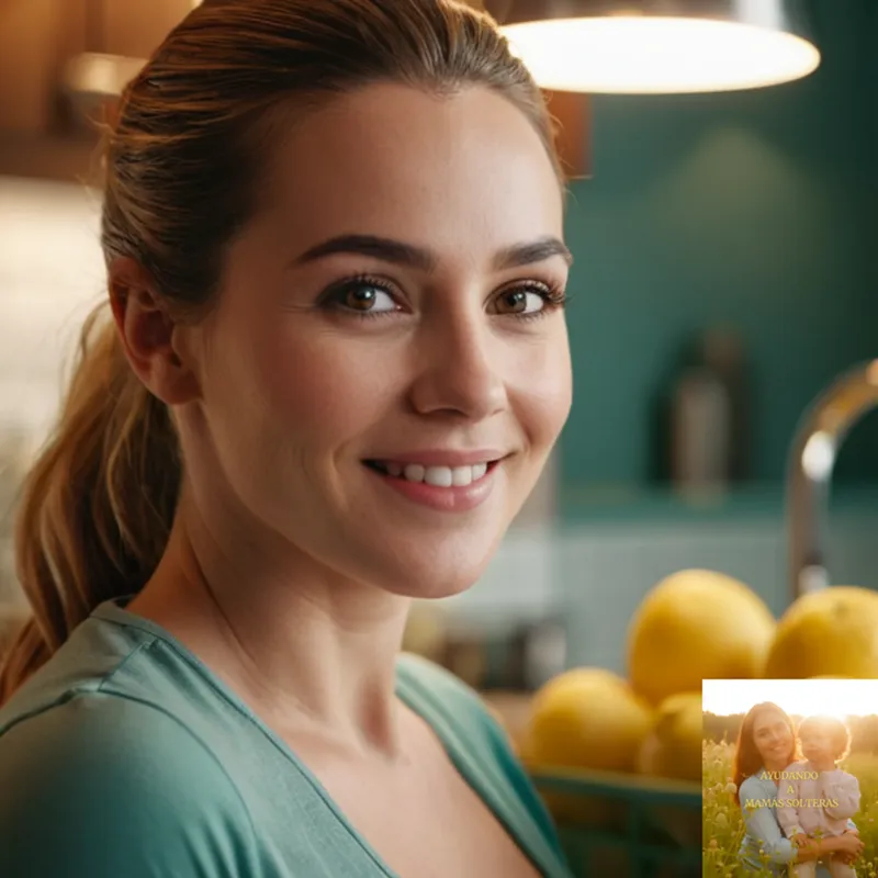 The image should show: A single parent, a young woman with a kind face and worn expression, standing in a well-lit kitchen with a few groceries on the counter, while her smiling child plays nearby, adding warmth and energy to the scene.