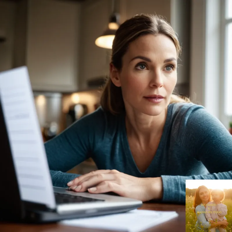 The image should show a gentle, determined-looking single mother, likely in her mid-30s, sitting at a cluttered kitchen table surrounded by financial documents, laptops, and children's toys, looking up optimistically towards a bright window with a calendar and a notebook on the windowsill.