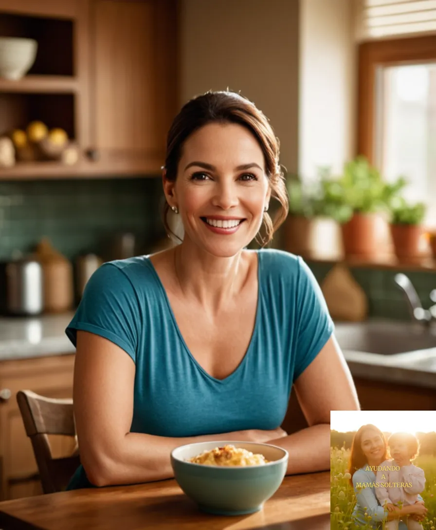 The image should show: A loving single mother in her mid-30s, with a warm smile on her face, standing in a cozy kitchen surrounded by vibrant colors, cooking utensils, and a wooden table set with a simple yet inviting meal, with a calendar hanging on the wall featuring a picture of a happy family.