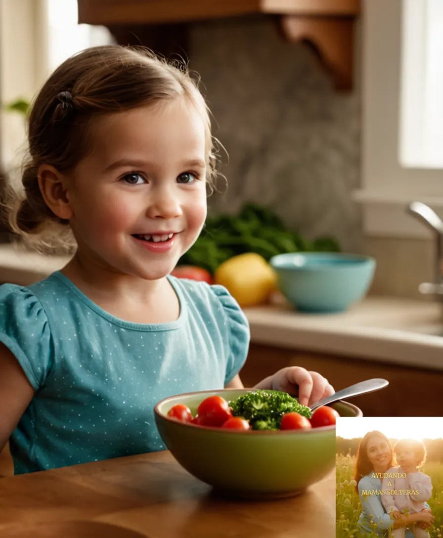 The image should show a warm and inviting photograph of a single mother, circa mid-30s, in a cozy kitchen surrounded by vibrant vegetables and colorful cookware, expertly chopping fresh ingredients while her curious toddler looks on, holding a miniature bowl and smiling brightly.