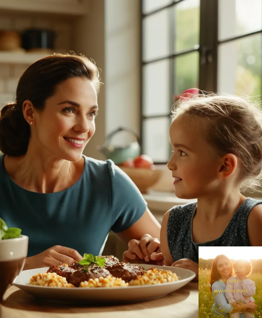 The image should show a warm and inviting kitchen scene featuring a single mother in her mid-30s, surrounded by loving interaction with her two energetic children, while preparing a delectable, low-cost meal, set against a sunny window backdrop with vibrant family photos on the wall.