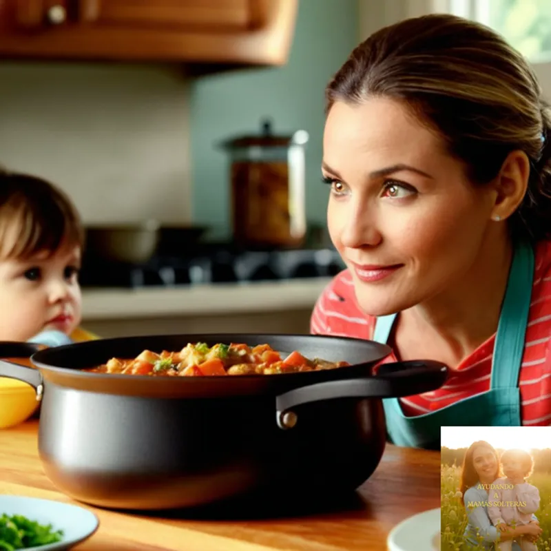 The image should show a warm and cozy kitchen scene with a single mother in her mid-30s joyfully stirring a large pot of vegetable stew on the stovetop, surrounded by vibrant colored utensils and cookbooks, while her young child waits curiously at her elbow.