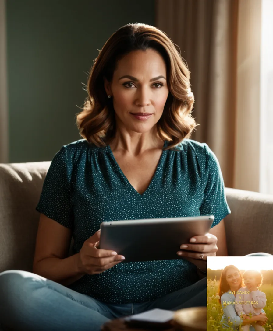 The image should show a poignant photograph of a single mother in her late 30s, sitting on a modest couch in a small but cozy living room, surrounded by photos of her children and filled with warm, golden morning light streaming through the window as she holds a tablet displaying a budgeting app or spreadsheet, symbolizing her determination to achieve homeownership.